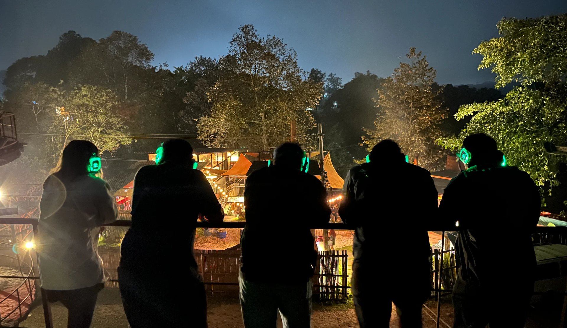 Group of five silhouetted people standing at a railing overlooking an illuminated nighttime venue with trees and festive lighting