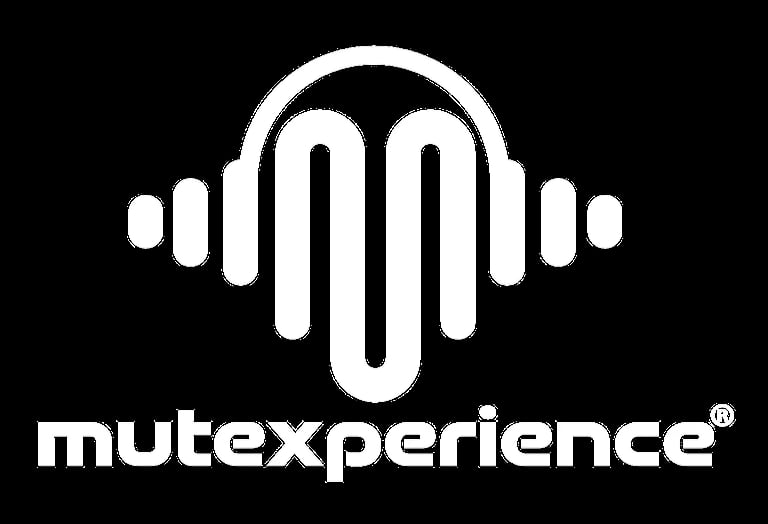 Mutexperience logo featuring white headphones with sound wave design on black background